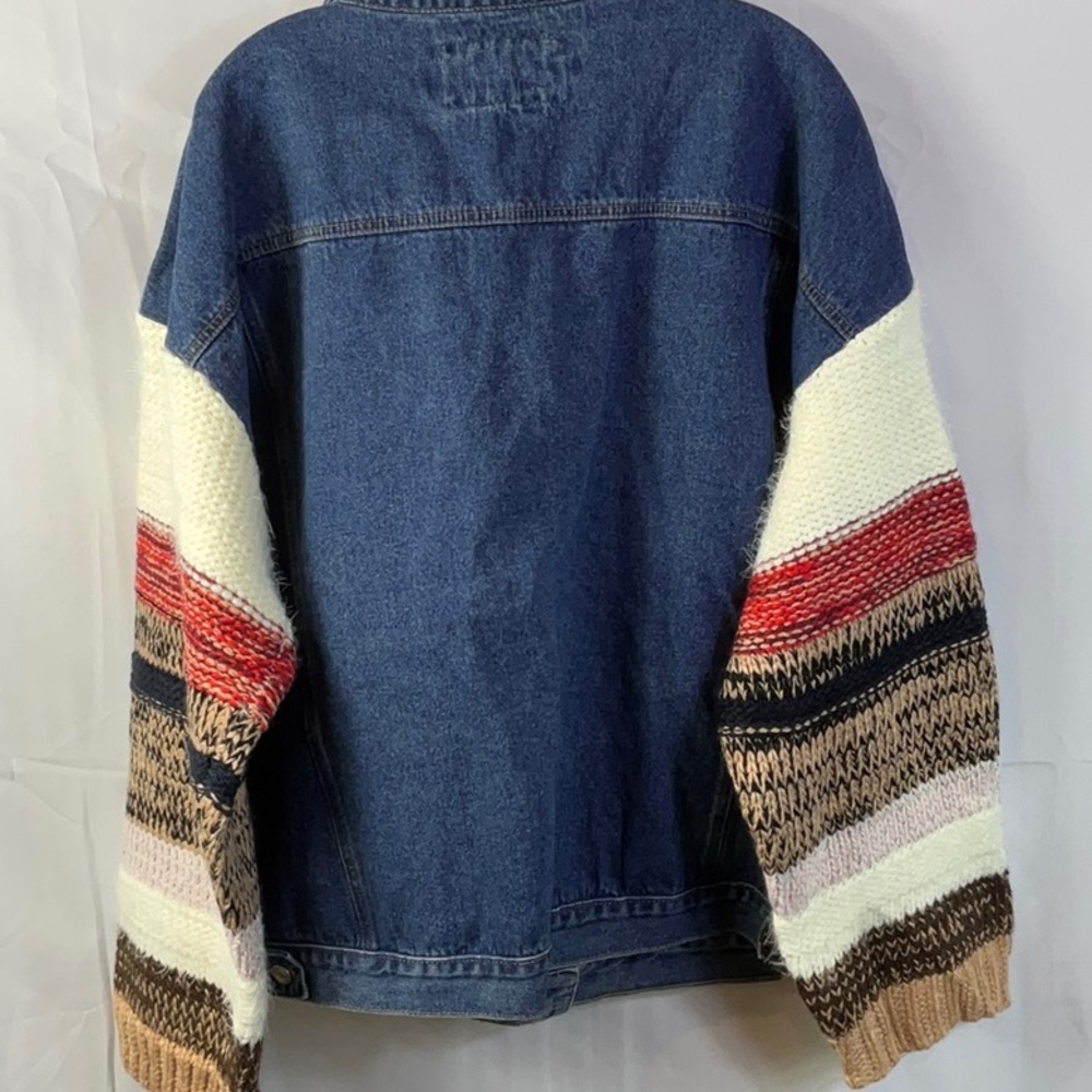 Luvie Blue Denim Jacket with Multi-Color Knit Sleeves - Picture 2 of 6